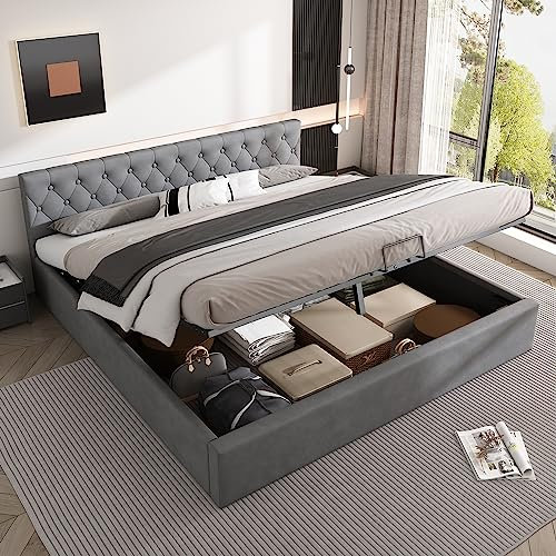 KEYIDE Polsterbett 180 x 200 cm, Hydraulisch Bett mit Bettkasten, Doppelbett mit Kopfteil und Lattenrost, Stauraumbett Jugendbett Bettgestell, Samtstoff, Grau, Ohne Matratze (180 x 200 cm)