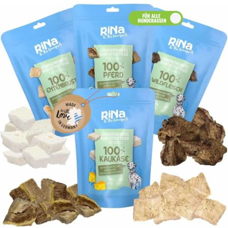 RiNa Probierpaket gefriergetrocknet Ente, Pferd, Wild, Kaukäse, Barf | Gefriergetrocknet aus Entenbrust, Pferd, Wildfleisch und Kaukäse, als Snack, Topper oder BARF, proteinreich, ohne Zucker