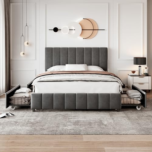 Merax Upholstered Double Bed, 4FT6 Bed Frame with Storage, 4 Drawers on Wheels, Adjustable Soft Channel Tufted Headboard, Metal-Wood Support, No Mattress, Velvet, Grey, 135x190cm