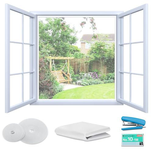 Zanzariera per finestra DIY, montaggio semplicissimo, protezione dagli insetti, senza forature, ritagliabile su finestre fino a 130 x 150 cm, orte cerniere a anello e uncino, bianco
