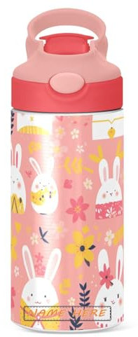 Bunny Hotpink - Botella de agua personalizada de acero inoxidable de 355 ml, sin BPA, vaso de viaje aislado con tapa a prueba de derrames, popote y asa
