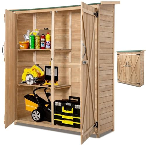 TANGZON 4.6 × 1.65 FT Outdoor Garden Storage Shed, Wooden Waterproof Storage Cabinet with Slope Asphalt Roof, Lockable Double Door, Vertical Tool Organizer House for Bike Garbage Can Lawn Mower
