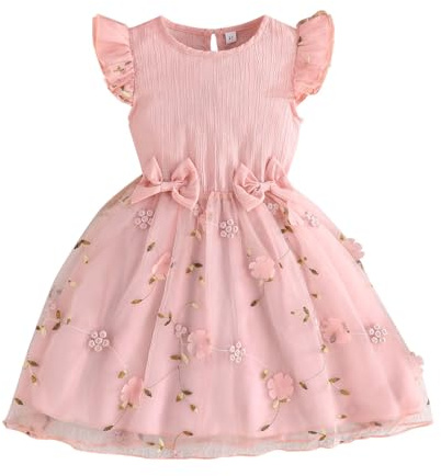 LUVCES Vestito da Bambina Ragazza Casual Volant Manica Lunga/Corta Stampa Floreale Tutu Abito Principessa Abiti per Bambini Festa di Compleanno Fiori Rosa 4-5 Anni