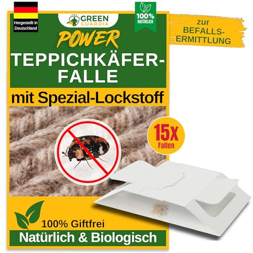 GREEN GUARDIA Teppichkäfer Falle mit Spezial-Lockstoff - 15x Teppichkäfer Fallen - umweltfreundlich Teppichkäfer bekämpfen, Chemiefreie Falle mit starker Klebefläche, giftfrei & geruchsneutral