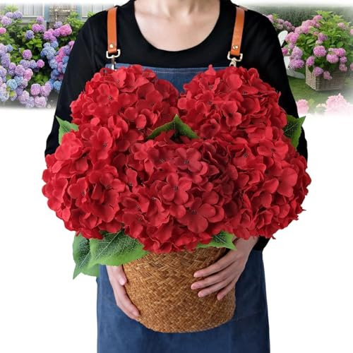 fjaldjfu Outdoor Artificial Hydrangea Flowers, 2025 New 3D Artificial Plants Outdoor Uv Resistant, 20Inch Lifelike Fake Flowers No Fade, Faux Plants for Garden Porch Window Box Decorating (Red,5PCS)