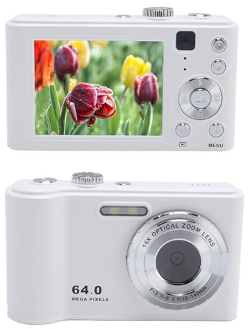Cámara Digital, 64MP 4k 2.8 Pulgadas Pantalla CCD Vlogging Camera para la Fotografía de Cámara Web de Viajes Escolares, 16x Zoom, para Adolescentes Principiantes (White)