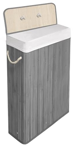 KNIGHT Bamboo Laundry Basket with Lid, 56L Slim Laundry Hamper with Handles & Removeable Washable Lining, Easy Assemble Storage Bin 44x20x60 cm (Grey)