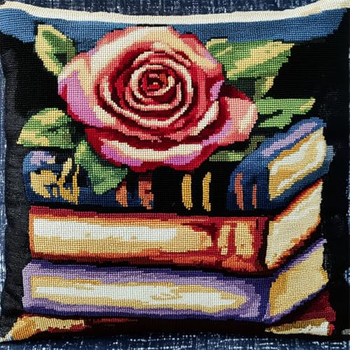 Kitquiver Diy Knüpfkissen Set Cartoon-Bücher Und Blumen Diy-Knüpfhäkel-Sets,Kissen,Nadelspitzen-Set Für Heimdekoration,Handarbeitsset Für Erwachsene Und Anfänger 17x17In