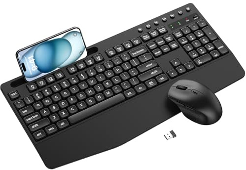 Tastiera e mouse wireless Combo con poggiapolsi, supporto per telefono, tastiera e mouse ergonomici wireless silenziosi, confortevole digitazione naturale compatibile per Windows, laptop, Mac, PC
