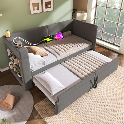 Gxffipw Schlafsofa Tagesbett 90x200 cm mit USB Type-C und Stauraum, Schlafcouch mit Ausziehbett 90x190 cm, Sofa Bett Bettgestell mit Lattenrost, Grau, Leinen, Ohne Matratze