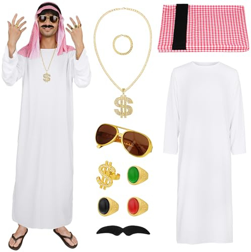 BSBUY Disfraz Jeque Arabe Hombre, 4Pcs Disfraz Hombre con Gafas y Barba, Arabian Costume Hombre, Conjunto de Disfraz Jeque para el Carnaval Fiesta Cosplay