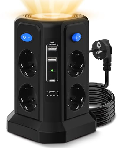 Multiprise 12 en 1 avec Veilleuse LED, Protection Surtension (4000W 16A), Charge Rapide 20W Parafoudre, 3m Rallonge et Surtension avec 8 Sortie 2A/2C, 4 Interrupteurs, Idéale pour Maison & Bureau