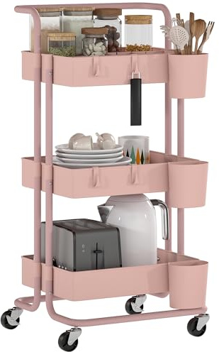 HOMCOM Carrito Auxiliar con Ruedas de 3 Niveles 42x38x86,5 cm Rosa