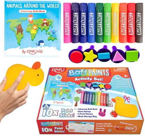 ZIMPLI Baff Paints - Juego de 10 barras de pintura de baño lavables, libro de baño para colorear, esponja de pato, 5 sellos de formas divertidas y bolsa de almacenamiento de malla, juguete de baño