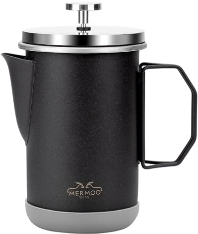 MERMOO YILAN French Press Kaffeemaschine, manueller Milchaufschäumer, 1000 ml für 4-6 Tassen, faltbarer Griff, isolierte Kaffeepresse, tragbar für Camping, Reisen, Heimgebrauch (Schwarz)