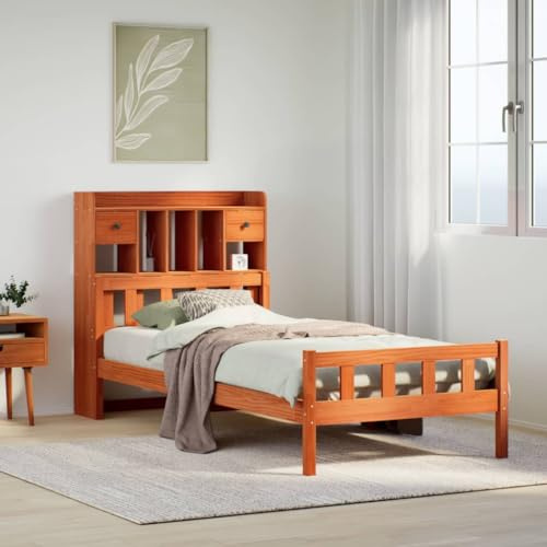 Ordellia Massiv träsäng, vaxbrun, 75 x 190 cm med integrerad hylla, furu sängram utan madrass, lagringsutrymme för sovrum, hållbar möbel