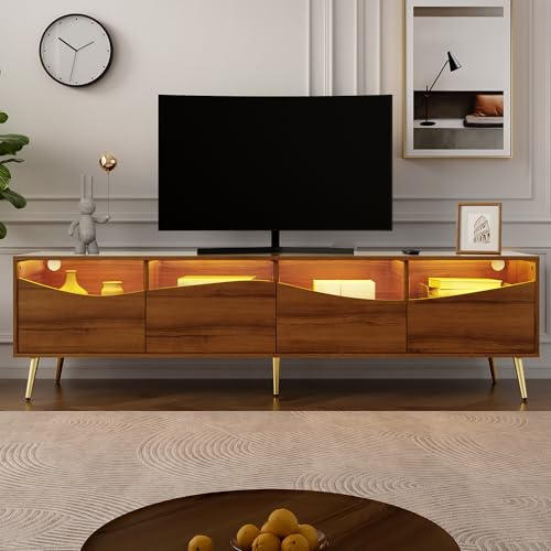 QXJVA Mueble para TV de 180 cm, nogal con frontal de cristal e iluminación LED, patas de metal doradas, mueble para TV, aparador, banco de TV, mucho espacio de almacenamiento, diseño de lujo
