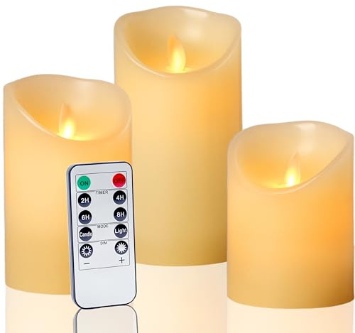 Auralome Flameless Candles Battery Operated - Fake LED Flickering Real Wax Pillar Candles Moving Wick D3.15 x H4 5 6 Realistic Remote Control Timer Electric Artificial Church Home Wedding 3 Pcs