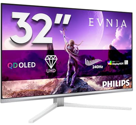 PHILIPS 32M2N8900P 32 inch UHD Monitor 240Hz, QD-OLED Panel, 0.03ms GtG, Adaptive Sync, HDR500 TrueBlack, Height Adjustment, Speakers (3840x2160 HDMI 2x 2.1 DP 1x 2.1 USB Hub) Silver