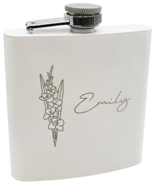 Personalised with First Name, White 6oz Stainless Steel Hip Flask with August Birthday Gladiolus Flower Design, Includes Funnel, Gift Box, 11cm x 9.5cm x 2.1cm