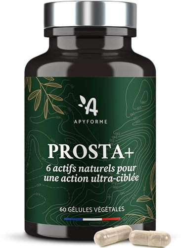 Prostate et Confort Urinaire - 5 Actifs dont Palmier Naim, Pygeum Africanum, Zinc - Prosta+ 100% Français - 1 Mois, 60 Gélules - Fabriqué et Conditionné en France par Apyforme