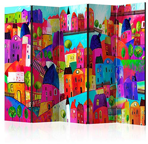 decomonkey Paravent Raumteiler Innen Abstrakt, 225x172 cm, 5-teilig, Stadt | Einseitig, Bunt, Wohnzimmer, Room Divider, Wall, Raumteiler Stehend, Trennwand, Sichtschutz, Spanische Wand, Sichtschutzwand