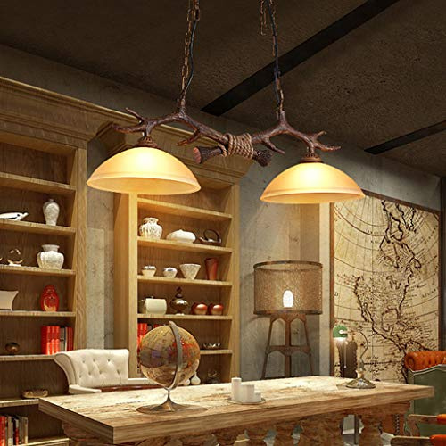 AHQX Pendelleuchte LED Esstisch Pendellampe Resin Und Glas Hängeleuchte E27 * 2 Höhenverstellbar Hängelampe Milchig Weiß Lampenschirm Kronleuchter Glückliches Geweih Hängelampe Retro Deckenleuchte