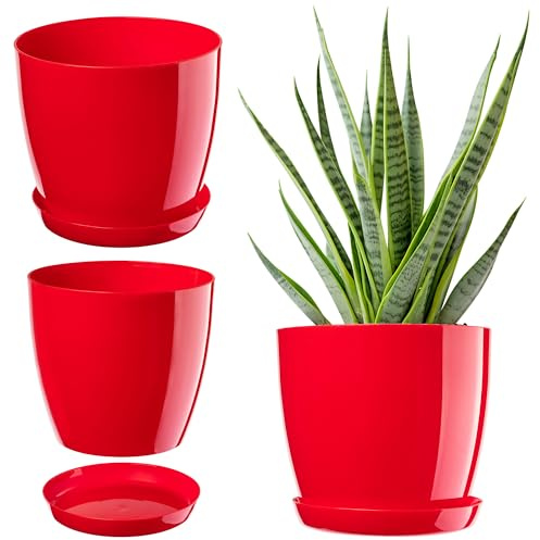 KADAX Blomkruka med underlägg Ø 14 cm, röd planteringskruka för inomhus- och utomhusbruk, perfekt för vardagsrum, balkong, badrum eller toalett – levande färger ger fräschhet i alla rum