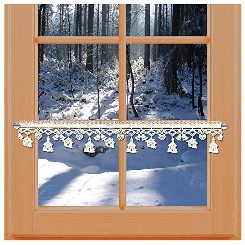 kollektion MT Winter-Feenhaus-Spitzenkante Seiffener Kirche 11cm Natur aus echter Vogtländischer Spitze mit Wintermotiven Kirche, Glocken und Herzen