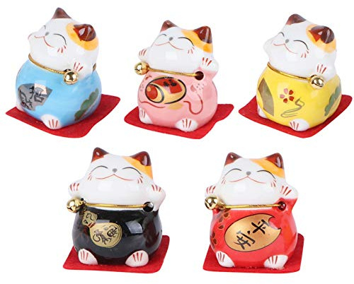 Amosfun 5Pcs Mini Maneki Neko Carino Gatto Fortunato Figurine Fengshui Cinese Giapponese Statua Fortunato Gatto di Fortuna per Interni Auto da Tavolo Decorazione