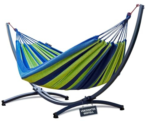 Potenza Outdoor Hängematte mit Verzinkter Gestell für 2 Personen I Baumwolle Doppelhängematte XXL 220x160, 200kg I Hängemattengestell 220kg, wetterfest (Grün-Blau, Basic Gestell Graphit)