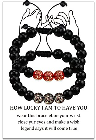 LUOKIFUR Leuchtende Perlen Paar Armband, schwarze Perlen verstellbares Armband Freundschaft Beziehung Freund Freundin Geschenk (Black-Red)
