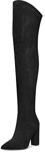 Aachcol Mujer Sobre la Rodilla Botas Chunky Ancho Alto High Heel Puntiaguada Punta Cremallera 10 CM Negro Ante 37 EU