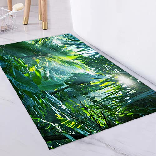 LB Tropischer Dschungel Teppich Sonnenschein durch Grünen Wald Bodenmatte Rechteck Bananenblatt und Pflanze Weich Waschbar Innen Fußmatte für Wohnzimmer Badezimmer Schlafzimmer,50x80cm