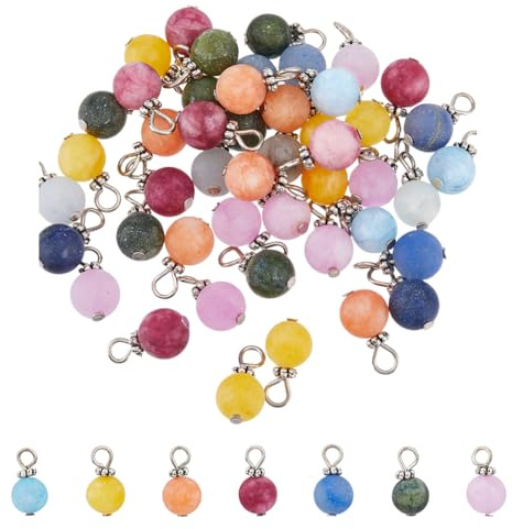 DICOSMETIC 84 Stück Runder Edelstein-Anhänger Weiße Jade/Jade/Blauer Aventurin/Aquamarin/Mattierte Natursteine Anhänger Facettierte Rondell-Perlen Legierung Und Eisen Schmuck Zum Basteln