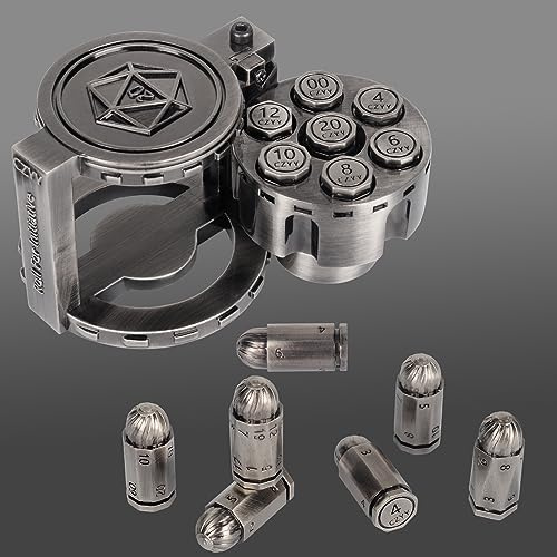 Metallpolyedral Kulisset mit 7 Stück mit Drehrevolver Zylinderbehälter – Cyberpunk Stil Würfel für D&D, Sci-Fi, Krieg oder Kriminalität thematische Tischspiele (Silber)