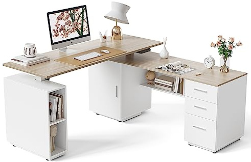 FEZIBO Bureau en Forme de L de 120 cm avec Cabinet à 3 Tiroirs, Bureau Debout Exécutif Électrique, Bureau d'Ordinateur avec Armoires de Rangement, Cadre Blanc/Plateau en Noyer Noir Clair