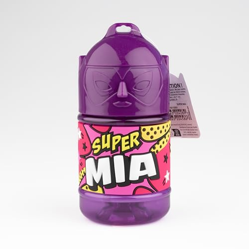 Personalisierte Kinder-Trinkflasche, Wasserflasche mit Strohhalm – Super Mia, Violett