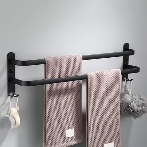 nvdsivee Handtuchhalter Ohne Bohren Schwarz Handtuchstange Wand für Bad Küche Badetuchhalter Aluminium mit 2 Haken Handtuchstange zum Kleben Schwarz 2 Schichten 60cm