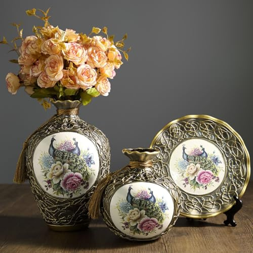 3Pcs/Set Ceramic Vase 3D Stereoscopic Dried Flowers Arrangement Wobble Plate Living Room Entrance Ornaments Home Decorations(G)