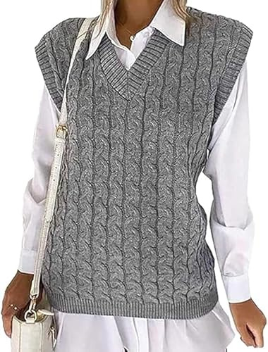 Women's Ladies Cable Knit Sleeveless Vest Knitted Jumper V Neck Tank Top Chunky Sweaters Pull Over Casual Plus Size 8-22 UK