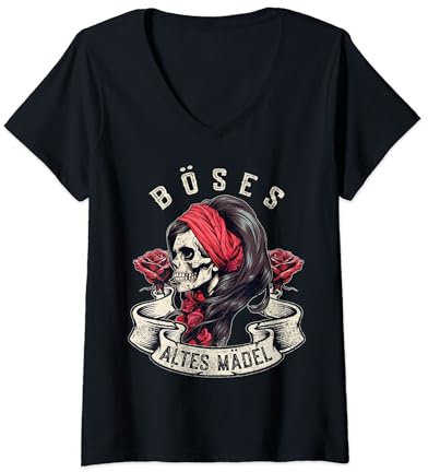 Damen Böses Altes Mädel Totenkopf Bikerin Rosen Schädel Bandana T-Shirt mit V-Ausschnitt