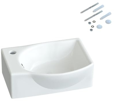 Keramik Waschbecken Badezimmer 40,5x28x12 cm modern eckig oval klein | mit Hahnloch und Überlauf ohne Unterschrank weiß Wandmontage ultradünner Rand Eckwaschbecken Handwaschbecken