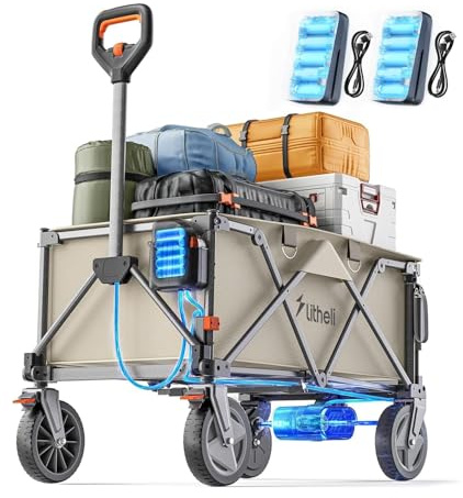 Litheli Elektrowagen Bollerwagen faltbar, Handwagen faltbar mit Motor & Bremsen, 200L 60KG geeignet für Camping, Garten, Strand, Einkaufen (Beige, W1 pro mit 2 Akku)