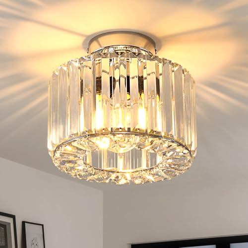 ANWIO Modern Crystal Ceiling Light, Chandeliers Ceiling,Semi Flush Light Fittings Ceilings,Hallway Ceiling Light for Bedroom Kitchen Bathroom,Silver Ceiling Lights Shade(E27 Base,LAMP DIAM 21.5CM)