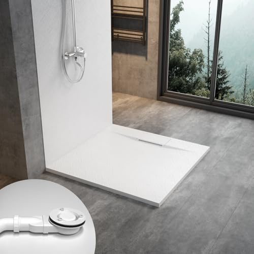 WITEN&NOCK SMC Duschwanne 100x100cm weiß Brausewanne Duschtasse extra flache Steinoptik Antirutsch inkl. Abdeckung und Ablaufgarnitur Ø90mm Siphon