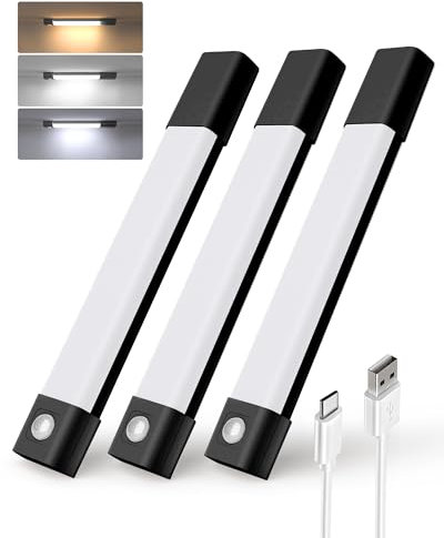EZVALO 20CM(3 Unidades) Luz LED con Sensor Movimiento, Imán Luz Armario con 3 Temperaturas de Color, Luces Recargables USB para Cocina, Armario, Dormitorio,Negro