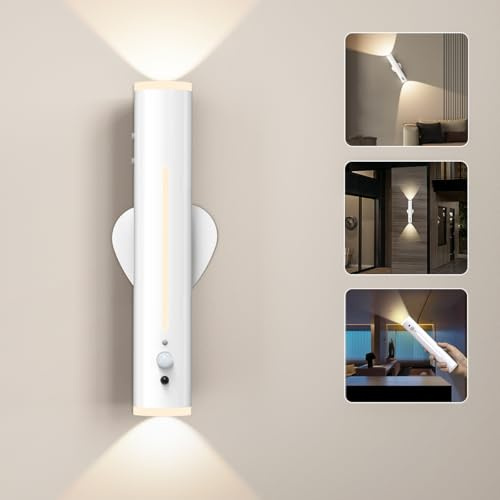 Hapfish Aplique Pared Interior con Sensor de Movimiento, 3000mAh Luz LED Recargable Sin Cable con Pilas, Metal 360° Giratorio, Lampara Pared Magnetica Inalambrica para Dormitorio, Exterior, Estar