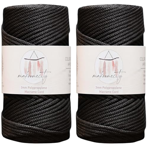 Makromecity, 2 nyanser av polyester makramé sladd 3 mm x 131 meter (40 fot) 3 mm polypropen svart makramé sladd virkad makramé väska sladd hantverk för vägghängningar, väskor, underplatta, matta