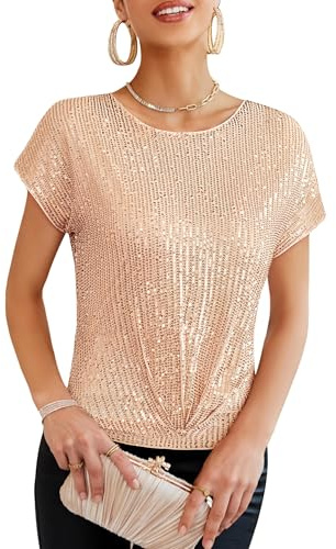GRACE KARIN Vintage 70er Sparkle Shimmer Weste mit Kurzarm Elegant Rundhals Schmale Passform Blusen Pailletten Top Roségold XL